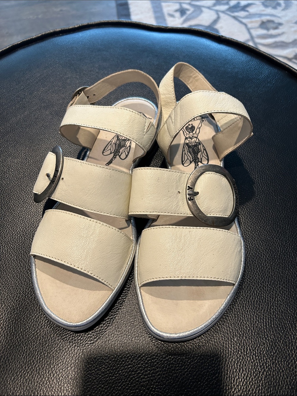Fly London Cream Leather Buckle-Strap Sandals
